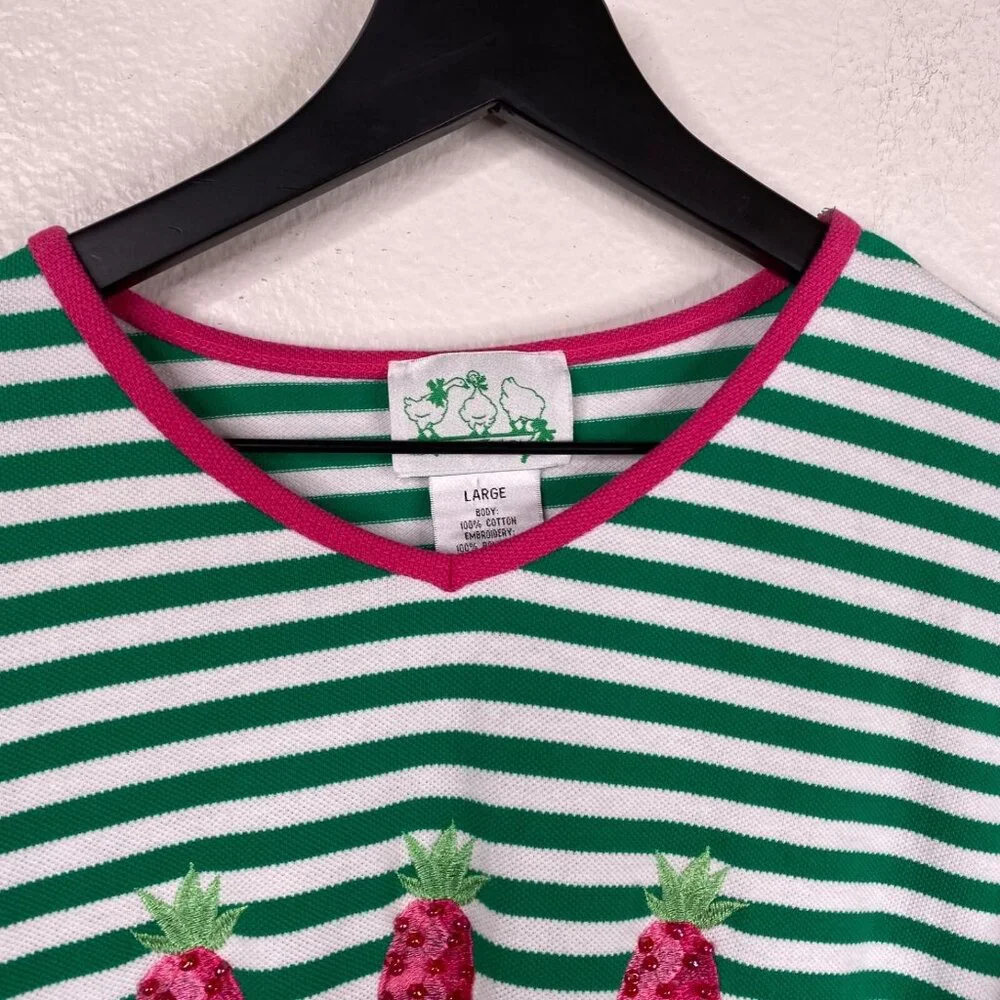 Quacker Factory Top Women's Multicolor Sz L Pineapple Stripe Beaded 3/4 Sleeves - Picture 3 of 6